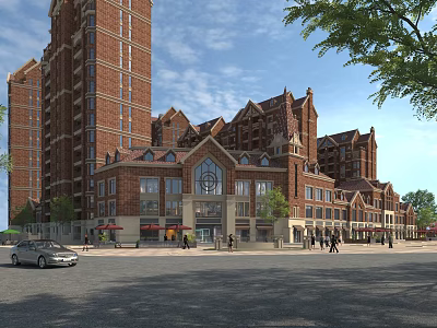 Urban Commercial Street With Red Brick Buildings Tall Structures Pedestrians Cars And Trees 3d model