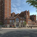 Urban Commercial Street With Red Brick Buildings Tall Structures Pedestrians Cars And Trees