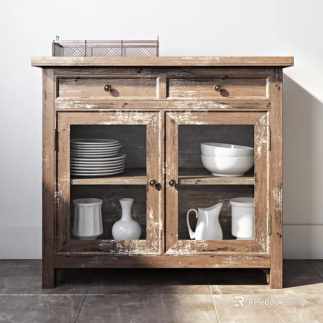 Distressed Wooden Sideboard With Glass Doors White Dishes Vases Jugs And Metal Wire Basket 3d model 