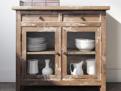 Distressed Wooden Sideboard With Glass Doors White Dishes Vases Jugs And Metal Wire Basket 3d model