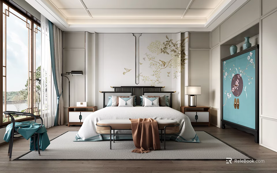 Elegant Traditional Chinese Bedroom Interior With Floral Bird Wall Art Bed Nightstands And Lamp 3d model 