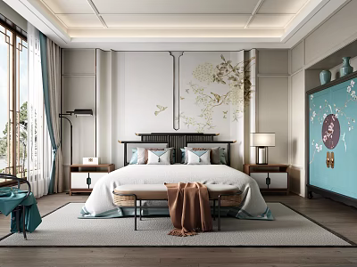 Elegant Traditional Chinese Bedroom Interior With Floral Bird Wall Art Bed Nightstands And Lamp 3d model