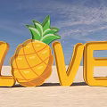 Vibrant LOVE Letters With Pineapple Decoration On Sandy Beach Under Blue Sky