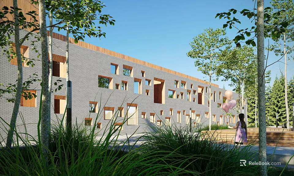 Modern Office Building with Gray Brick Walls Irregular Windows Green Plants Trees and Blue Sky 3d model 