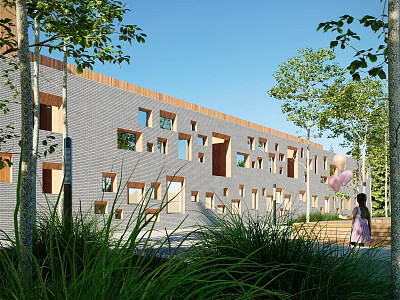 Modern Office Building with Gray Brick Walls Irregular Windows Green Plants Trees and Blue Sky 3d model