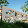 Modern Office Building with Gray Brick Walls Irregular Windows Green Plants Trees and Blue Sky
