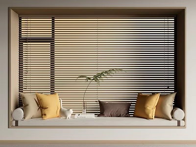 Modern Bay Window With Wooden Blinds Yellow Brown Pillows And Small Plant 3d model