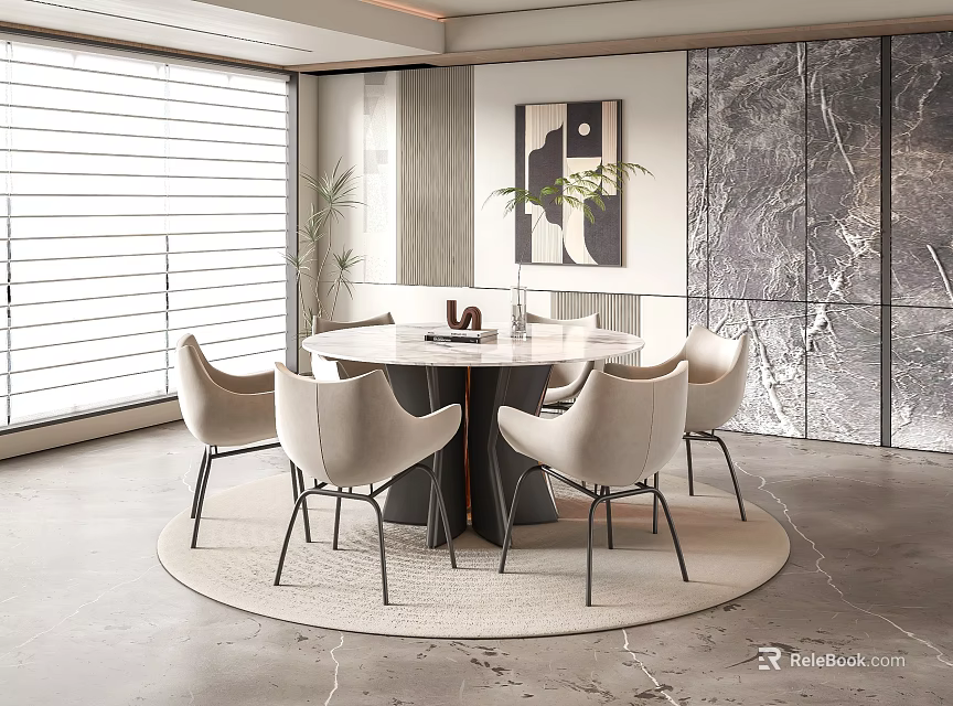 Modern Restaurant Interior Featuring Round Marble Dining Table Beige Chairs And Wall Art 3d model