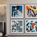 Abstract Paintings In Black Frames Hanging On Wall With Decorative Sphere Ornaments 3d model