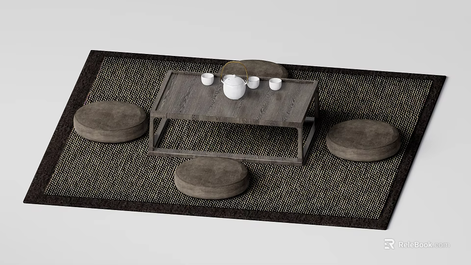 Minimalist Tea Table Set With Round Cushions And White Teapot On Woven Mat 3d model 