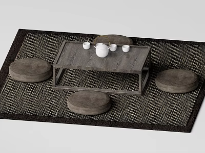 Minimalist Tea Table Set With Round Cushions And White Teapot On Woven Mat 3d model