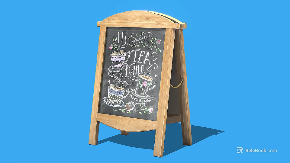 Wooden Chalkboard Signboard With Tea Time Text And Tea Cup Illustrations 3d model 