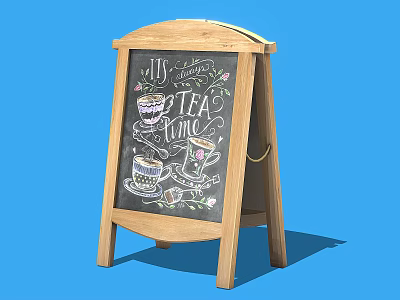 Wooden Chalkboard Signboard With Tea Time Text And Tea Cup Illustrations 3d model