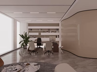 Modern Office Interior With Open Layout Desks Chairs Bookshelves Plant And Curved Wall 3d model