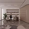 Modern Office Interior With Open Layout Desks Chairs Bookshelves Plant And Curved Wall