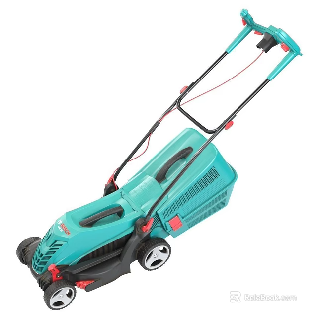Turquoise Garden Lawn Mower with Black Handle and Wheels Design 3d model 