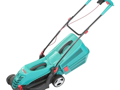 Turquoise Garden Lawn Mower with Black Handle and Wheels Design 3d model