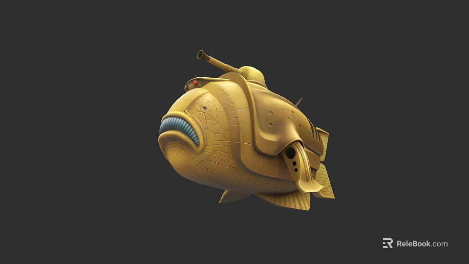 Yellow Striped Aquatic Animal With Submarine Like Design Blue Mouth And Cannon Structure 3d model 