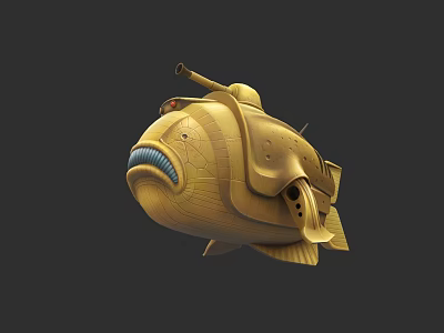 Yellow Striped Aquatic Animal With Submarine Like Design Blue Mouth And Cannon Structure 3d model