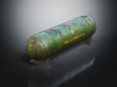 Green Rusted Cylindrical Flammable Liquid Storage Tank Industrial Equipment on Metal Stands 3d model