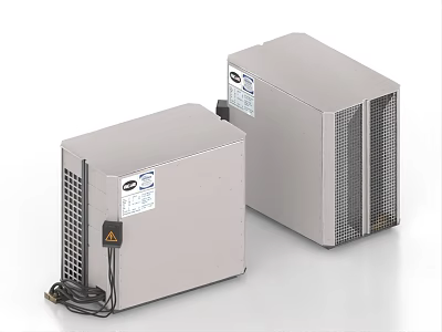 Two Gray Air Conditioner Air Outlets With Grid Design Labels And Connected Cables 3d model