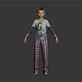 Child Wearing Blue Graphic T-Shirt and Purple Plaid Pajama Pants Standing