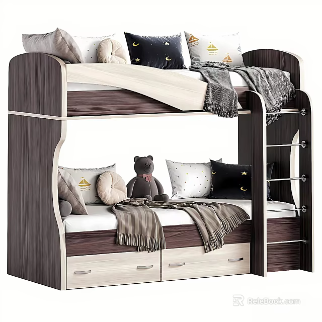 Cozy Double Bed With Wooden Frame Drawers Pillows Teddy Bear And Blankets 3d model 