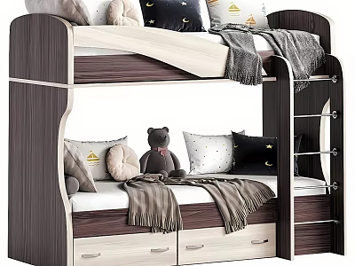 Cozy Double Bed With Wooden Frame Drawers Pillows Teddy Bear And Blankets 3d model