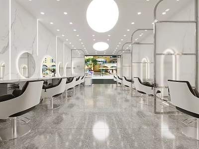 Modern Hair Salon Interior Design Featuring White Chairs Mirrors And Bright Lighting 3d model