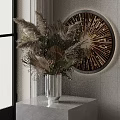 Silver Striped Vase With Dried Natural Flowers On White Table And Round Decorative Mirror