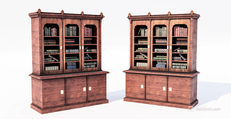 Traditional Wooden Bookcases with Glass Doors Filled with Books and Bottom Cabinets 3d model 