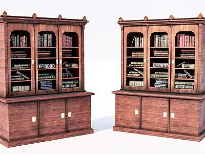 Traditional Wooden Bookcases with Glass Doors Filled with Books and Bottom Cabinets 3d model