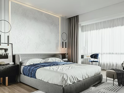 Modern Bedroom Interior With Textured Accent Wall Upholstered Bed Nightstand White Curtains And Blue Chair 3d model