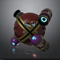Red Mechanical Sphere Featuring Yellow Cross Straps Purple Gold Components And Glowing Blue Eyes