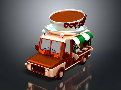 Coffee Truck Decorative Ornament Set with Large Coffee Cup Green White Awning 3d model
