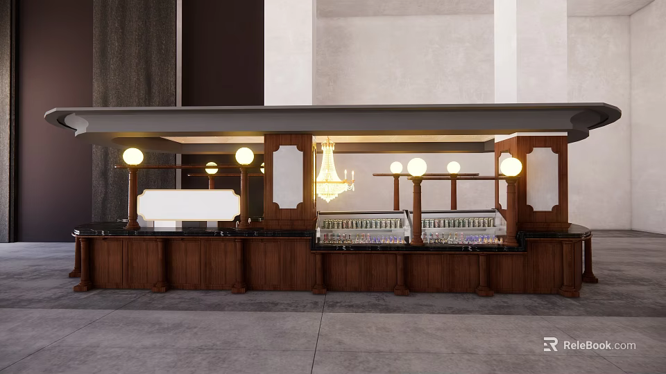 Elegant Mall Shop Interior With Wooden Counter Glass Display Cases Round Lights And Chandelier 3d model 