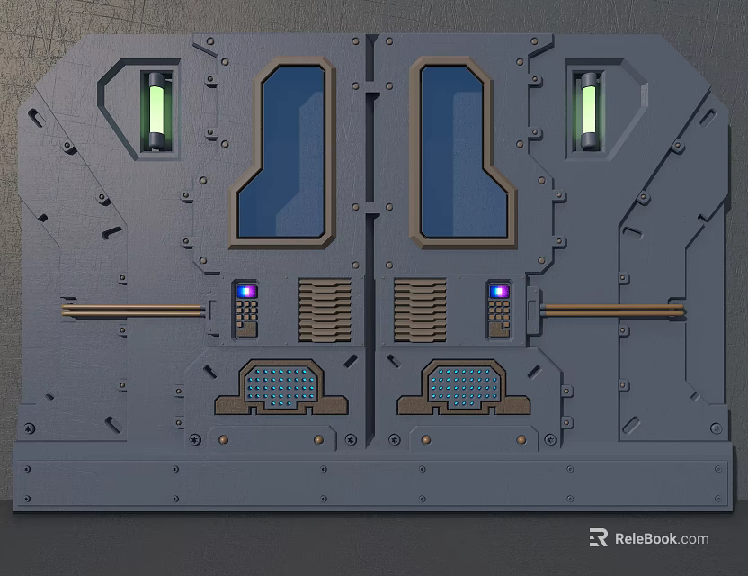 Futuristic Tech Control Panel Design With Blue Windows Green Purple LED Lights Metallic Structure 3d model 