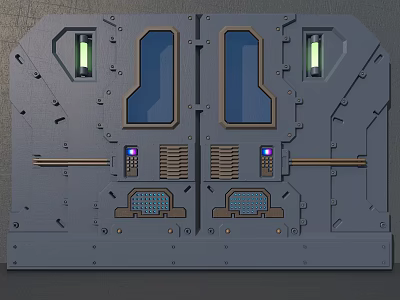 Futuristic Tech Control Panel Design With Blue Windows Green Purple LED Lights Metallic Structure 3d model