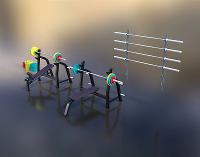 Essential Fitness Equipment Including Barbell Bench Press Weight Plates And Rack 3d model