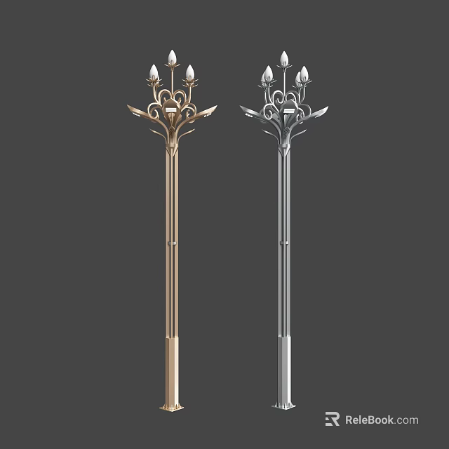 Decorative Outdoor Lamps With Golden and Silver Ornate Poles and Multiple Light Heads 3d model 