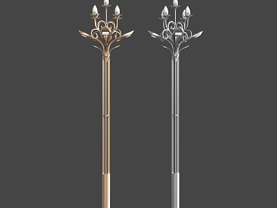 Decorative Outdoor Lamps With Golden and Silver Ornate Poles and Multiple Light Heads 3d model