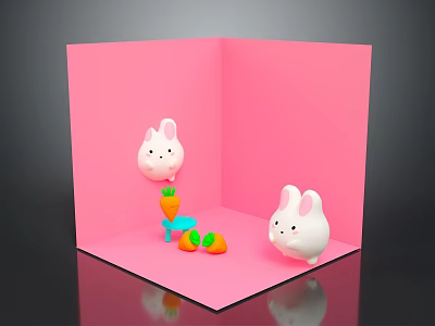 Cute White Rabbit Characters In Pink Cubic Space With Carrot And Colorful Blocks 3d model
