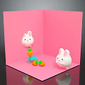 Cute White Rabbit Characters In Pink Cubic Space With Carrot And Colorful Blocks