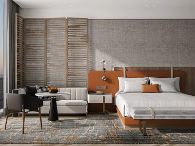 Modern Hotel Room Interior With Wooden Screen Gray Wall And Orange Headboard 3d model