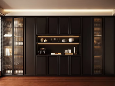 Modern Stylish Wine Cabinet With Dark Glass Doors And Shelves For Wine Bottles And Glasses 3d model