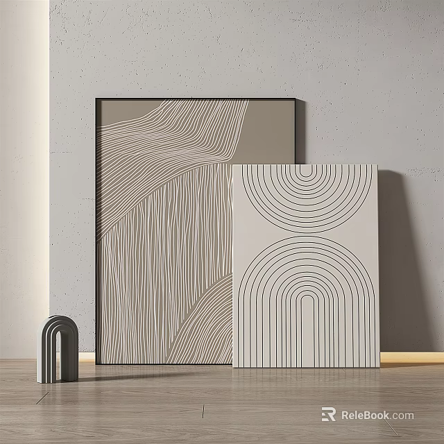 Abstract Line Art Decorative Paintings With Geometric Patterns On Gray Wall 3d model