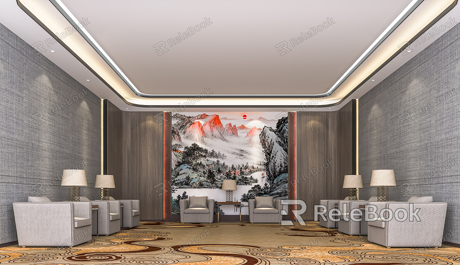 New Chinese-style Reception Room Meeting Room VIP Room VIP Room Leisure Sofa Chandelier Background Wall model