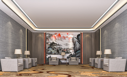 New Chinese-style Reception Room Meeting Room VIP Room VIP Room Leisure Sofa Chandelier Background Wall 3d model