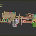Rustic Market Display Components With Wooden Cart Crates Blue Jars Barrels Sacks And Produce