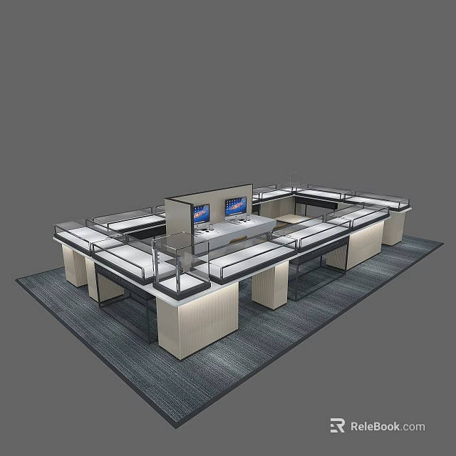 Modern Specialty Store Interior With Glass Display Counters And Central Screens 3d model